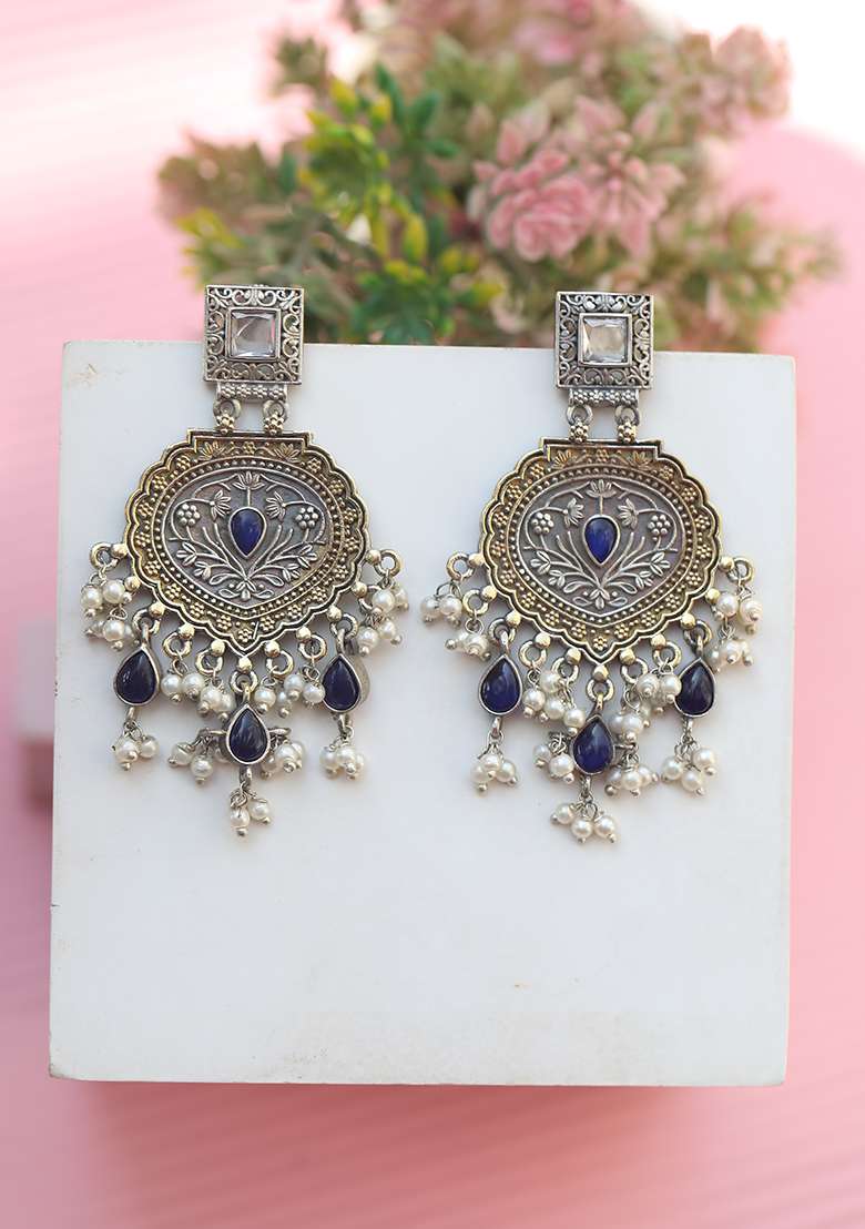 Blue Dual Tone Brass Jhumka Earrings - Indya