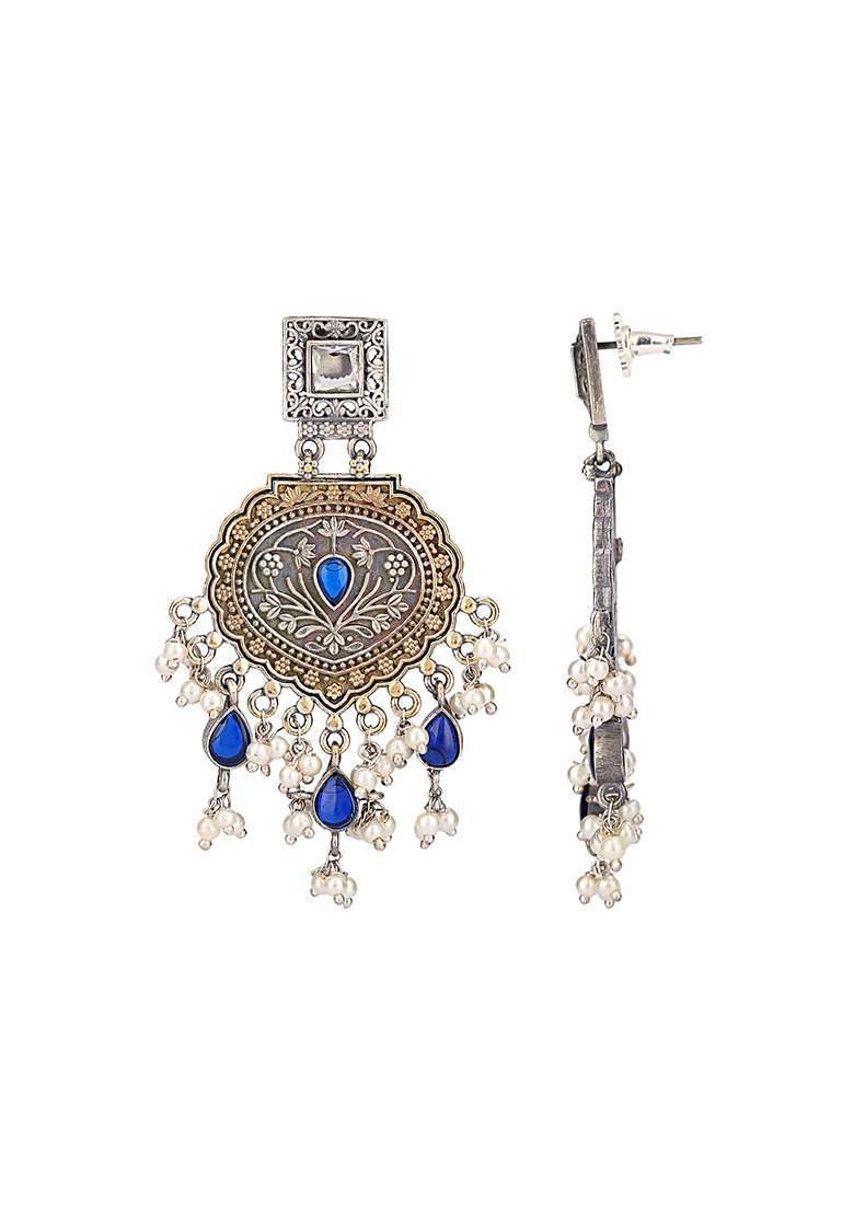 Blue Dual Tone Brass Jhumka Earrings - Indya
