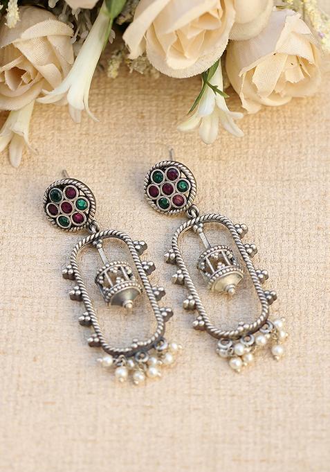 Silver Tone Handcrafted White Bead Brass Earrings