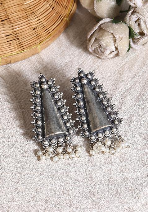 Handcrafted Silver Tone White Bead Brass Earrings