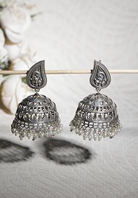 Silver Tone Leaf Motif Brass Dome Shape Earrings