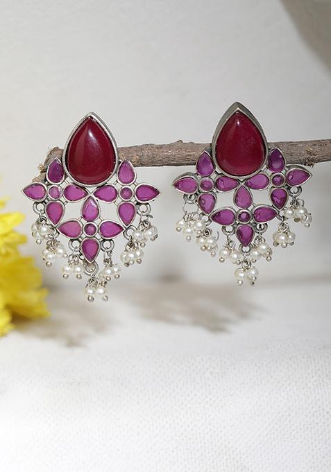 Red And Pink Silver Tone Brass Earrings