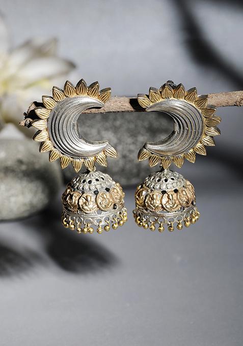Dual Tone Moon Shape Brass Jhumka Earrings