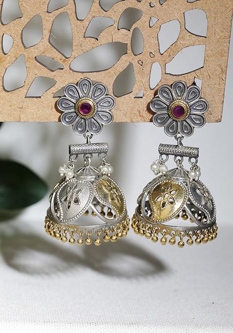 Dual Tone Floral Brass Stud Jhumka Earrings