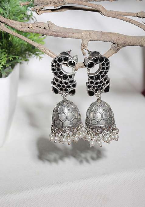 Silver Tone Black Stone Peacock Brass Jhumka Earrings