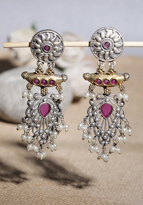 Dual Tone Pink Stone Handcrafted Brass Earrings