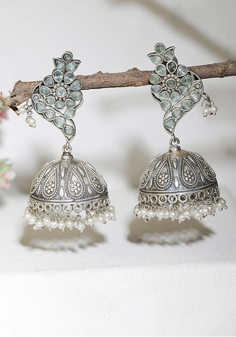 Handcrafted Silver Finish Brass Stud Jhumka Earrings
