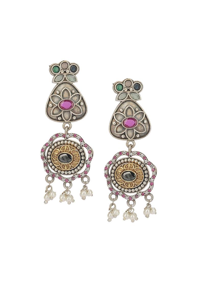 Silver Dual Tone Multicolour Floral Brass Earrings