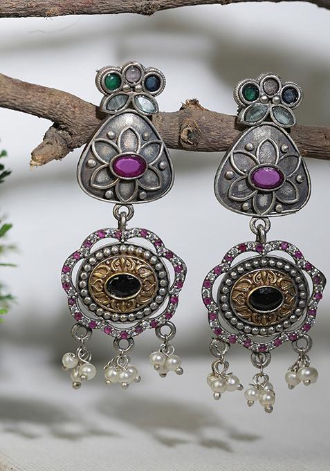 Silver Dual Tone Multicolour Floral Brass Earrings