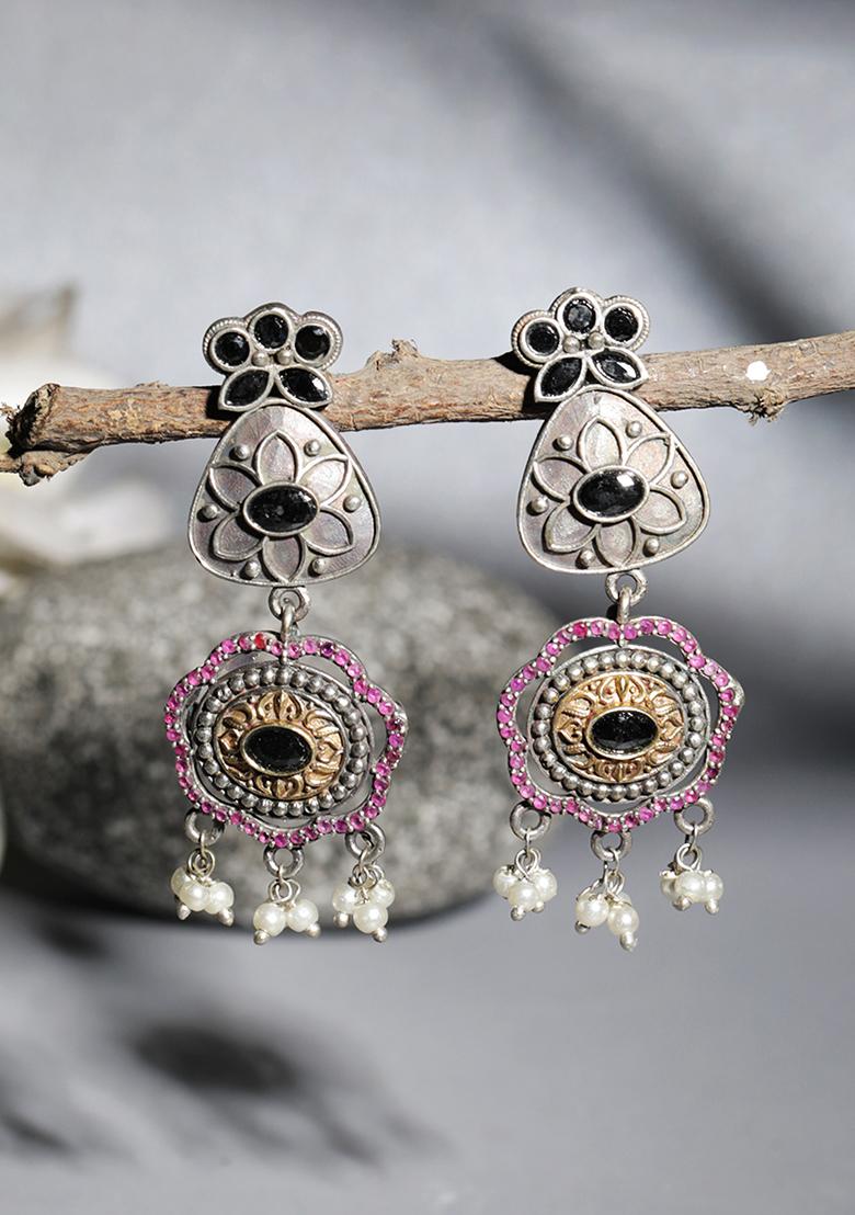 Dual Tone Multicolour Floral Brass Earrings - Indya