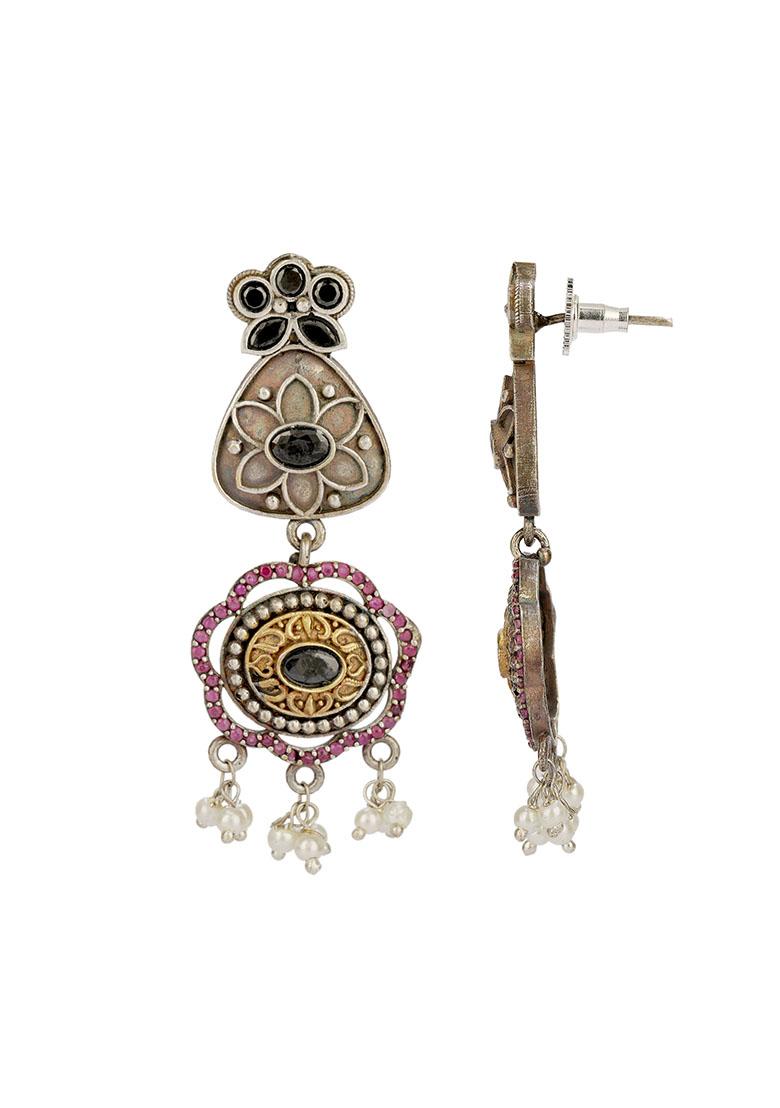 Dual Tone Multicolour Floral Brass Earrings - Indya