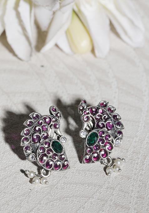 Silver Tone Purple And Green Stone Brass Earrings