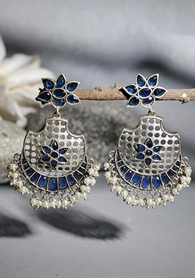 Blue Silver Tone Floral Brass Chandbali Earrings