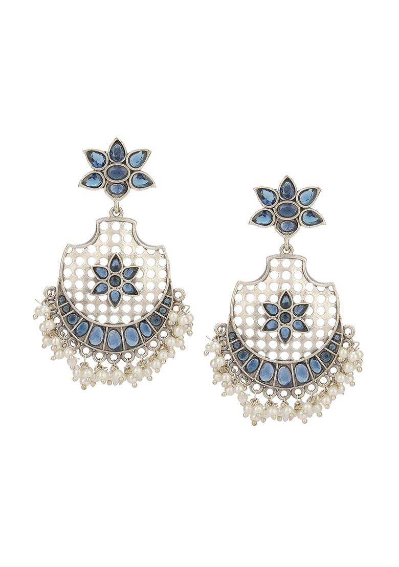 Blue Silver Tone Floral Brass Chandbali Earrings