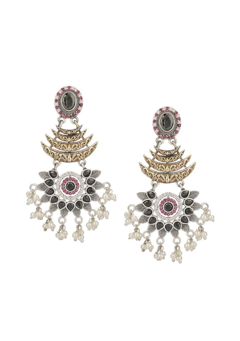 Dual Tone Blue Stone Brass Dangler Earrings