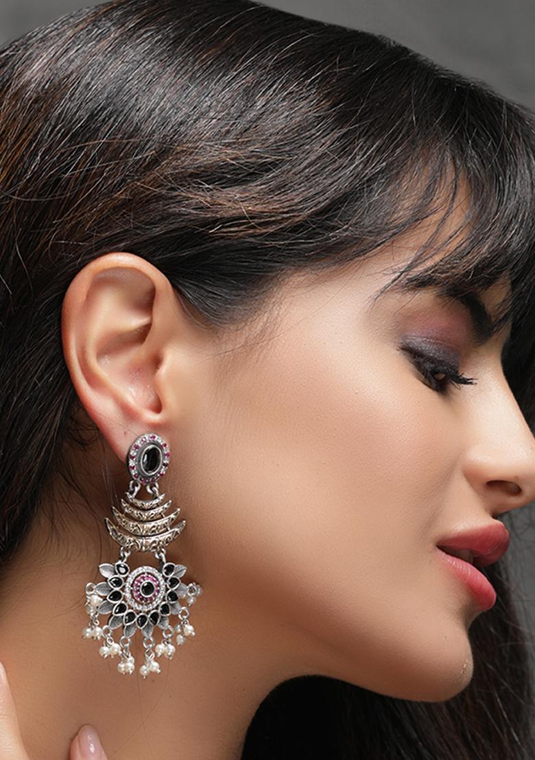 Dual Tone Blue Stone Brass Dangler Earrings