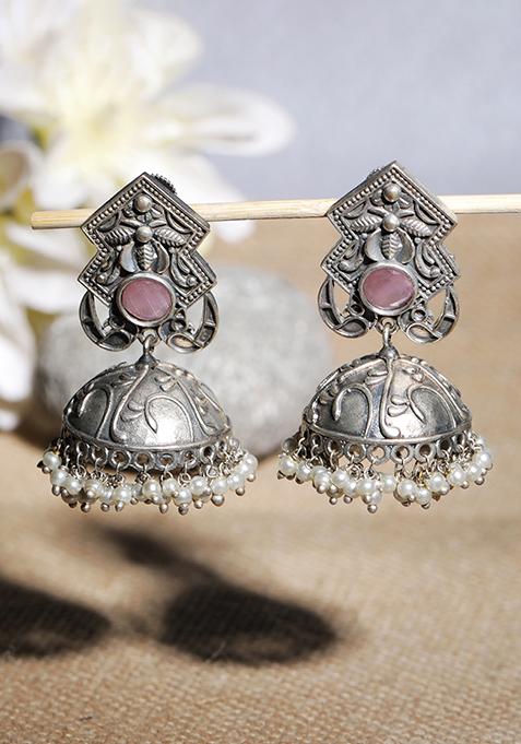Silver Tone Light Pink Stone Handcrafted Brass Jhumka Earrings