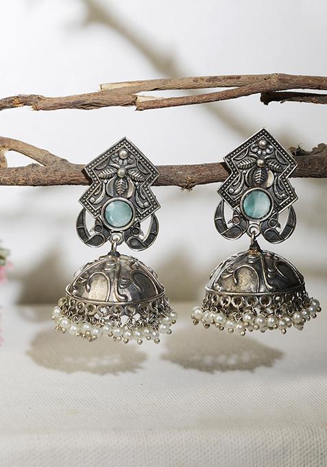 Silver Tone Aqua Stone Handcrafted Brass Jhumka Earrings