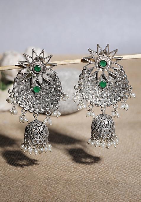 Silver Tone Dark Green Stone Handcrafted Brass Jhumka Earrings