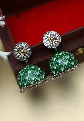 Dark Green Dual Tone Brass Handcrafted Jhumka Earrings