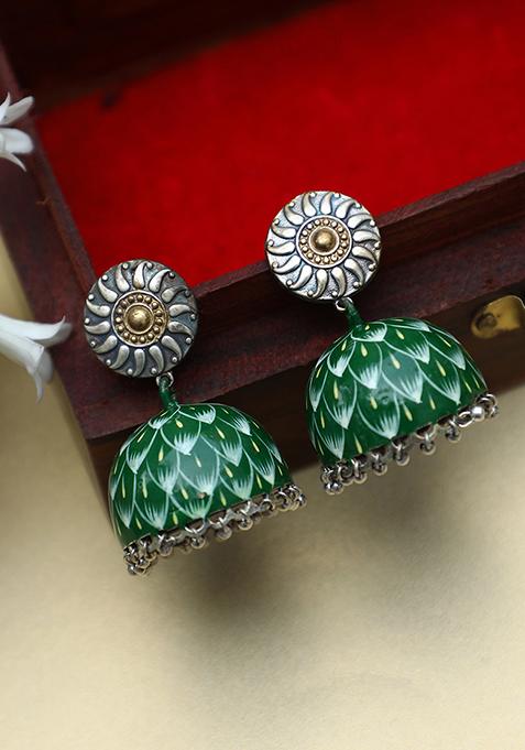 Dark Green Dual Tone Brass Handcrafted Jhumka Earrings