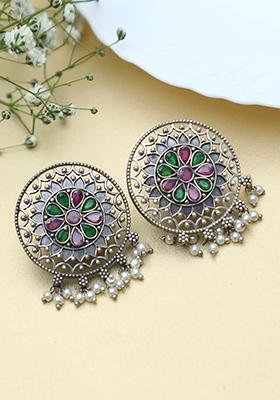 Multicolour Silver Tone Handcrafted Brass Stud Earrings
