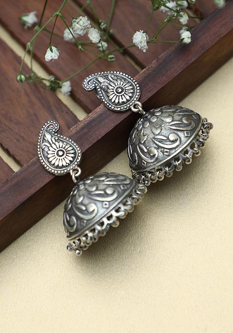 Silver Tone Textured Brass Jhumka Earrings
