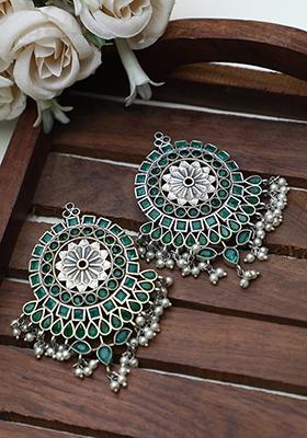 Green Silver Tone Floral Earrings