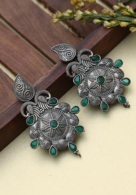 Green Silver Tone Handcrafted Brass Earrings