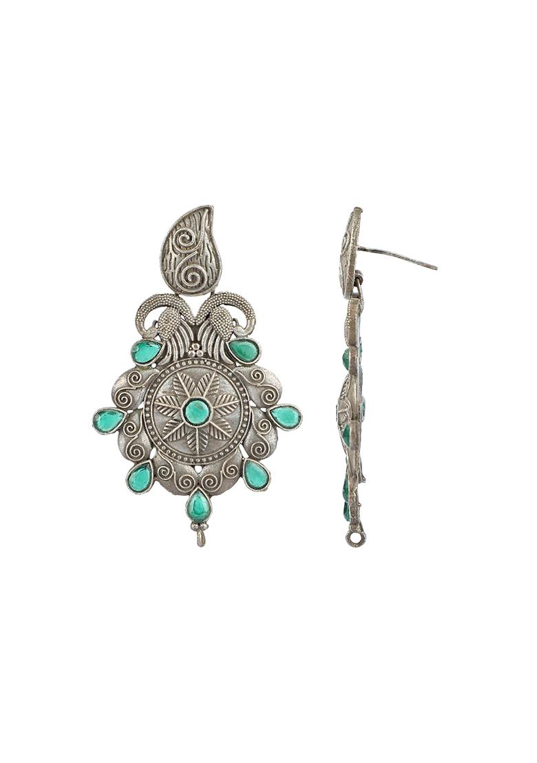 Green Silver Tone Handcrafted Brass Earrings