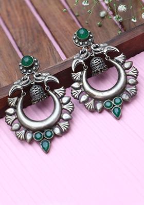 Dark Green Silver Tone Handcrafted Brass Earrings