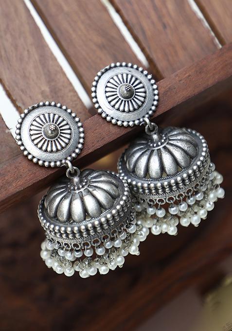 Silver Finish Handcrafted Brass Jhumka Earrings