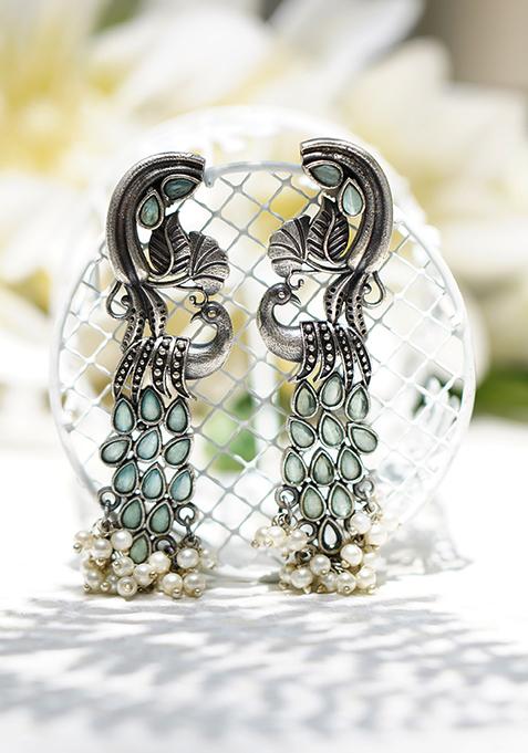 Peacock Shape Silver Tone Brass Earrings