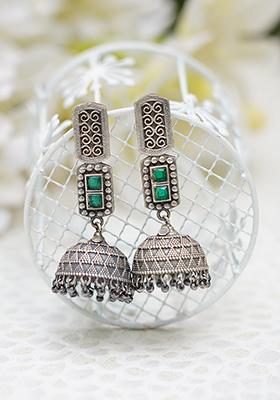 Green Handcrafted Silver Tone Brass Jhumki Earrings