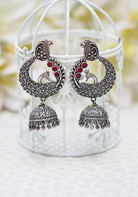 Red Handcrafted Silver Tone Brass Peacock Jhumki Earrings