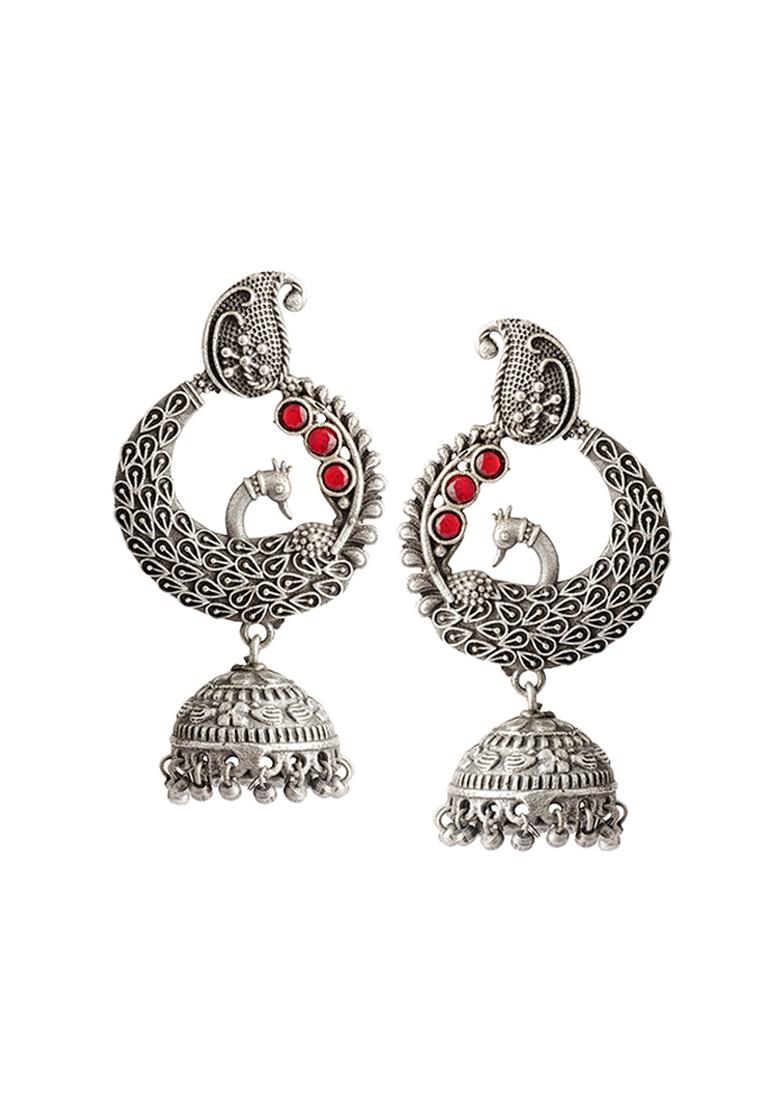 Red Handcrafted Silver Tone Brass Peacock Jhumki Earrings