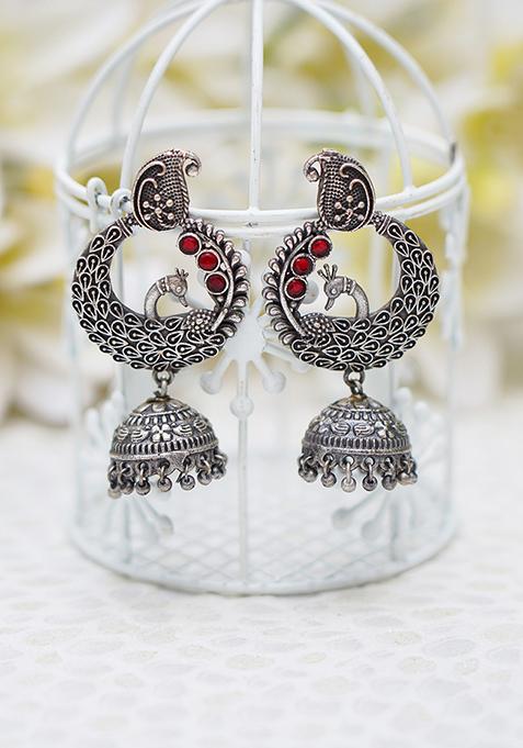 Red Handcrafted Silver Tone Brass Peacock Jhumki Earrings