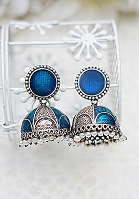 Blue Handcrafted Silver Tone Brass Hand Painted Enamel Jhumki Earrings