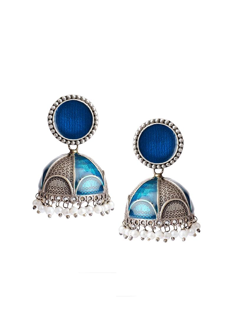 Blue Handcrafted Silver Tone Brass Hand Painted Enamel Jhumki Earrings - Indya