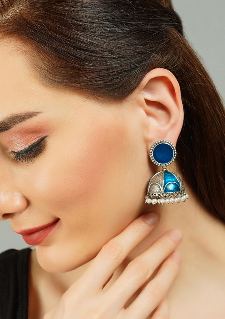Blue Handcrafted Silver Tone Brass Hand Painted Enamel Jhumki Earrings - Indya