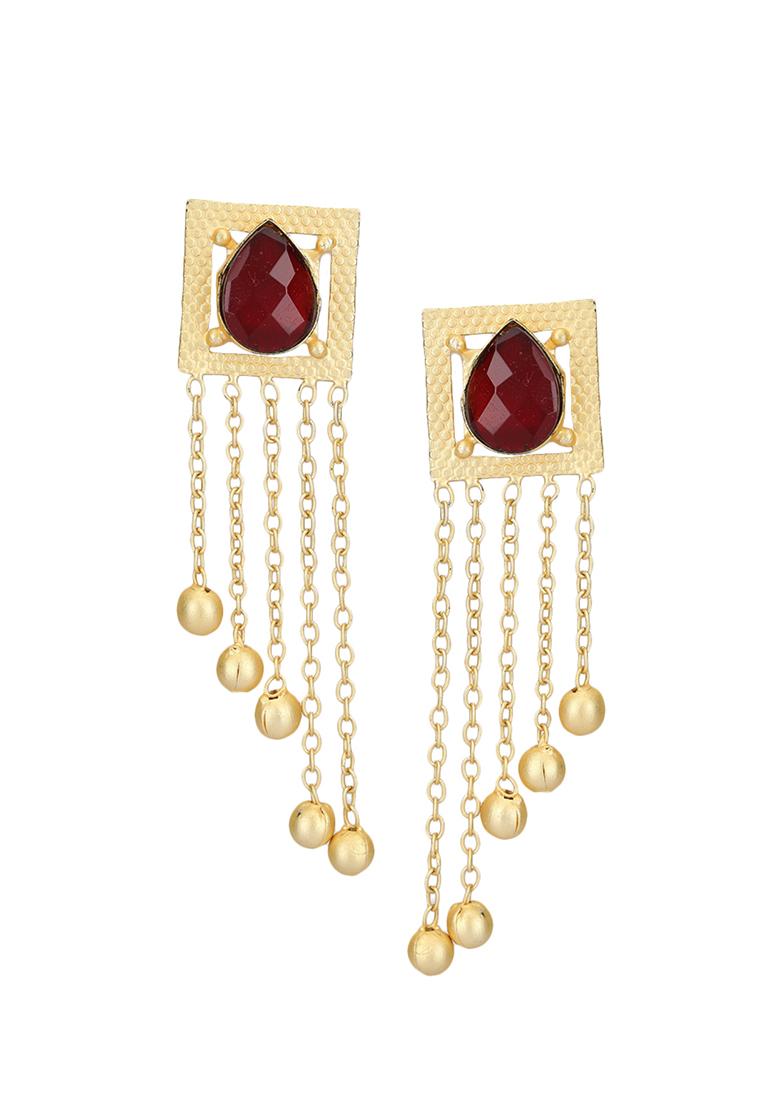 Gold Finish Red Stone Long Drop Earrings