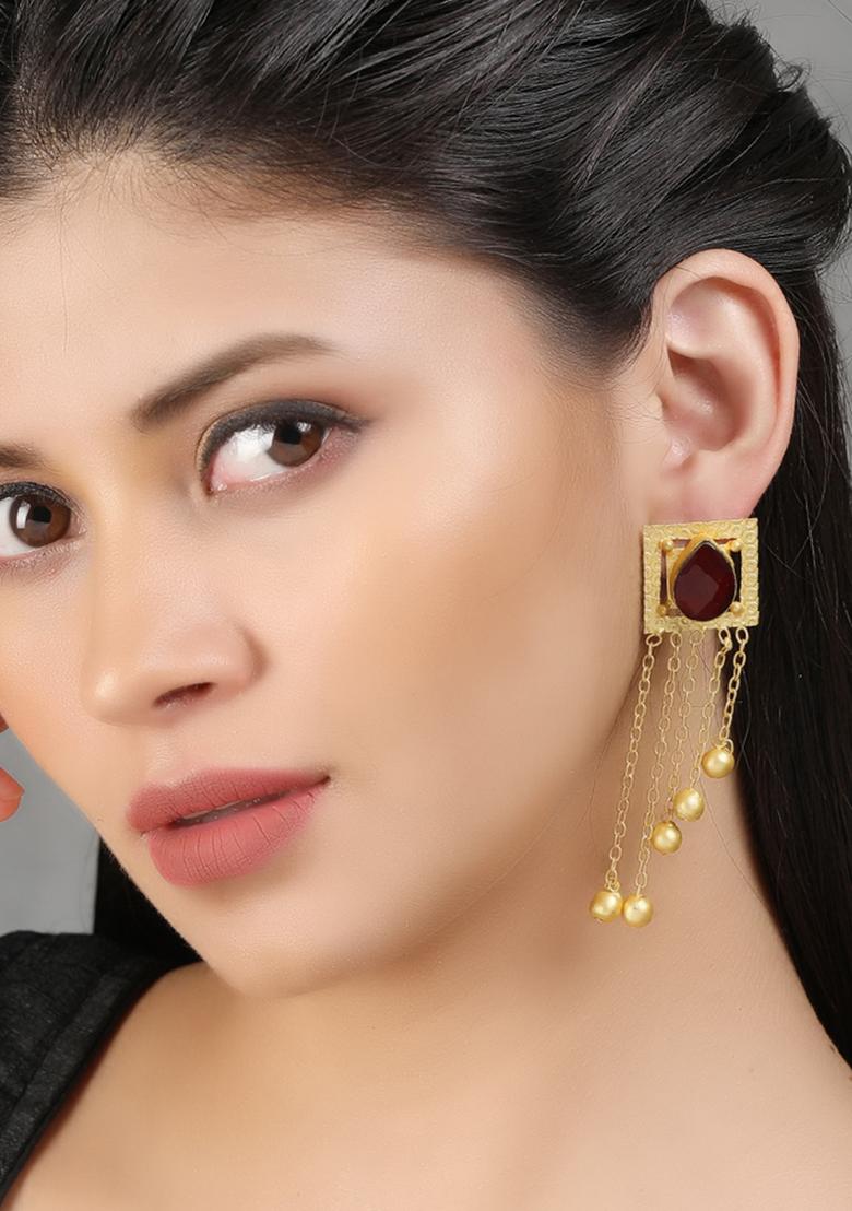 Gold Finish Red Stone Long Drop Earrings