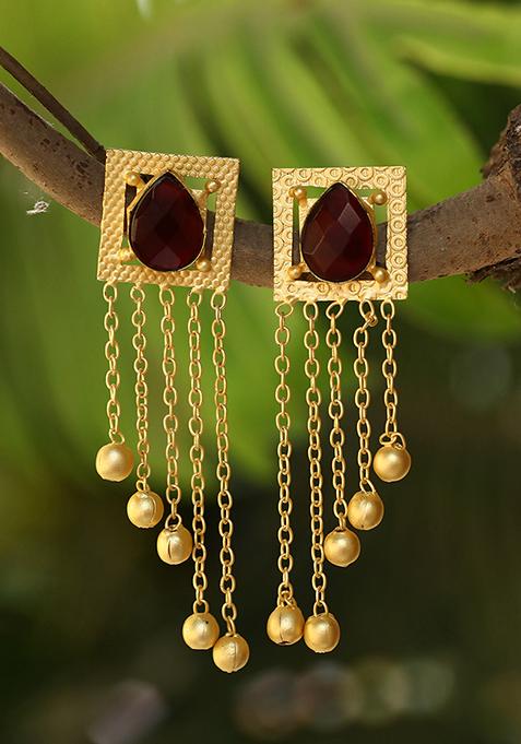 Gold Finish Red Stone Long Drop Earrings