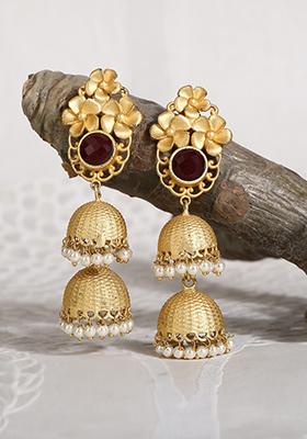 Red Stone Matte Gold Jhumka Earrings
