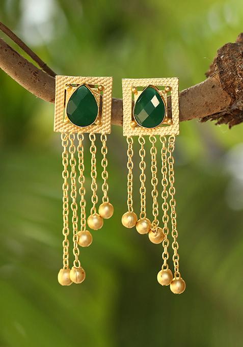 Gold Finish Green Stone Long Drop Earrings