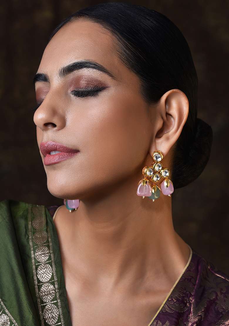 Pink And Aqua Gold Tone Kundan Earrings - Indya