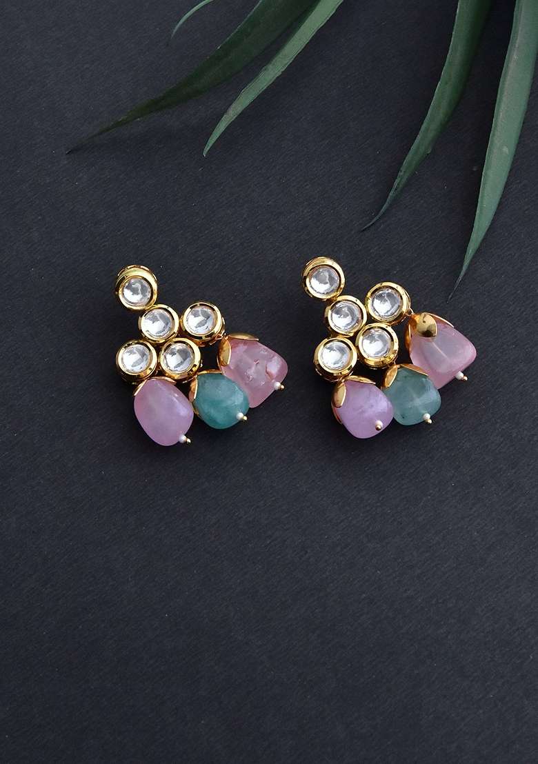 Pink And Aqua Gold Tone Kundan Earrings - Indya