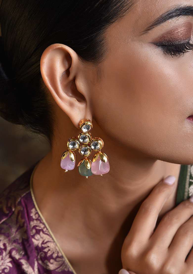 Pink And Aqua Gold Tone Kundan Earrings - Indya