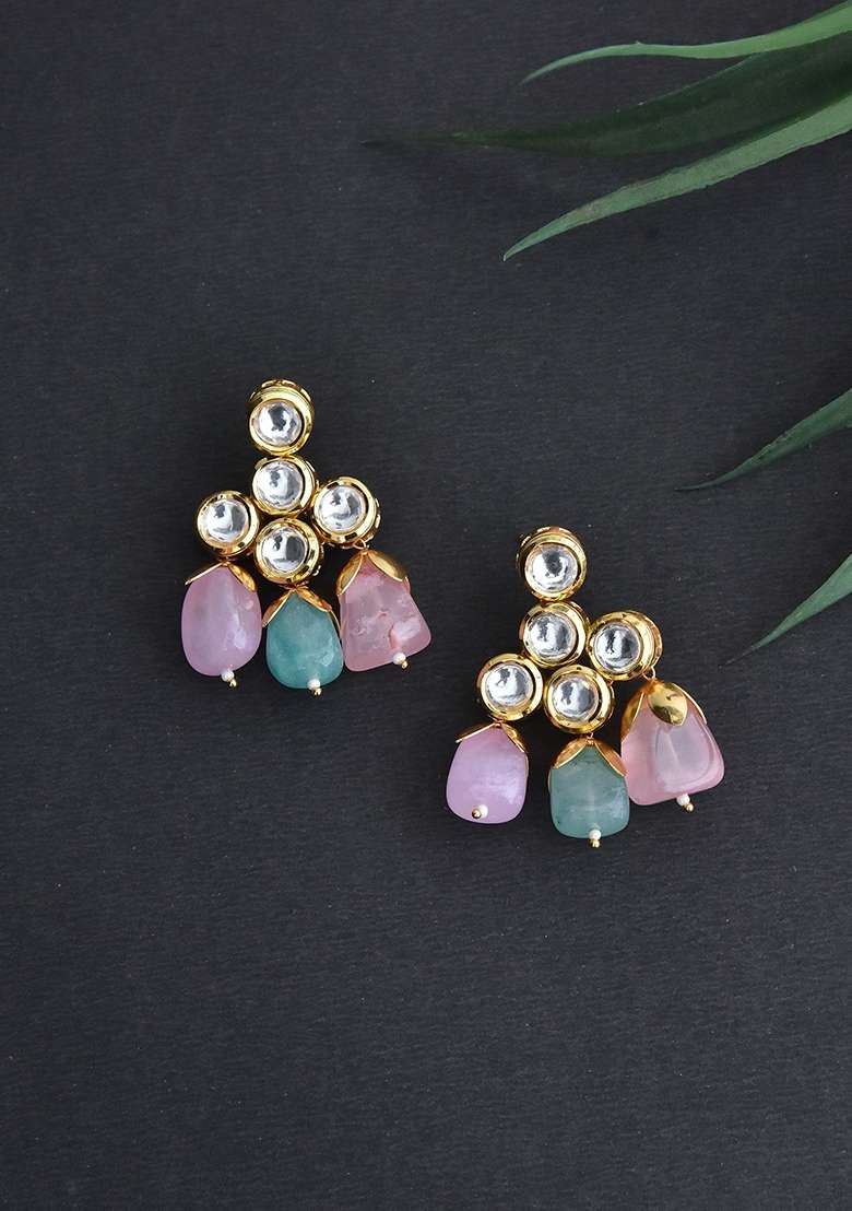 Pink And Aqua Gold Tone Kundan Earrings - Indya