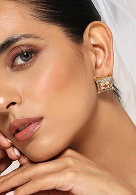 Red Gold Tone Kundan Stud Earrings